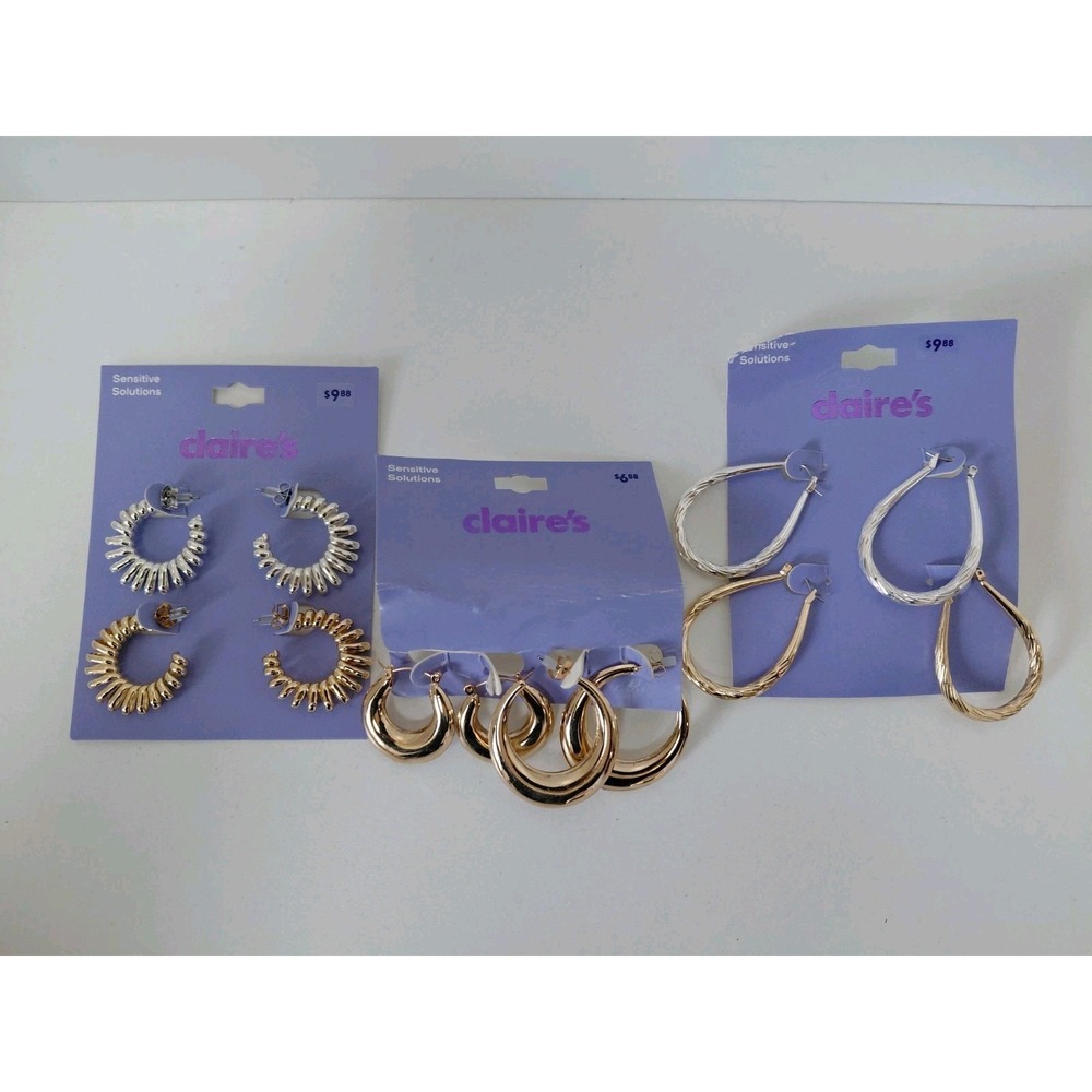 3 Pack Claire's Hoop Earrings Gold Silver 6 pair‎ Sensitive Solutions NEW